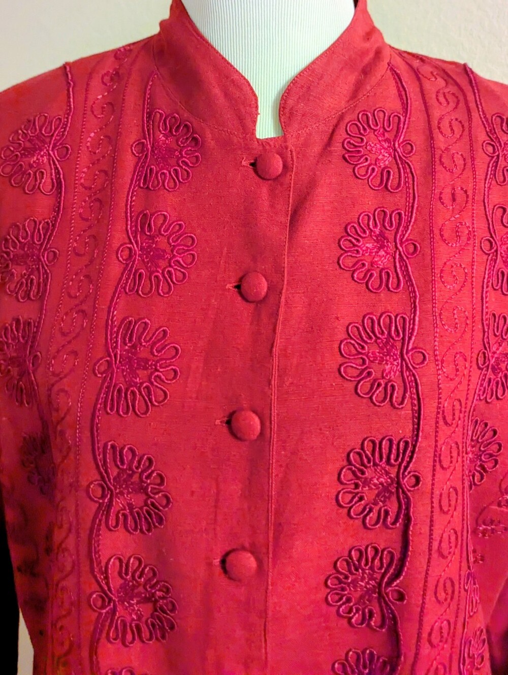 Vintage Pier 1 Imports Embroidered Jacket Blouse Large Red Mandarin Collar Boho